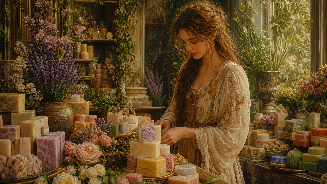 Beautiful woman in a cozy soap shop with flowers and plants