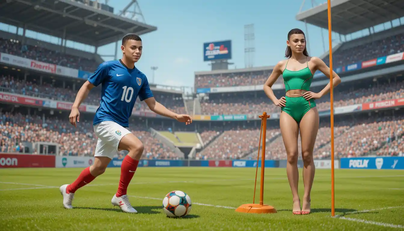Young soccer player and woman by corner flag on field