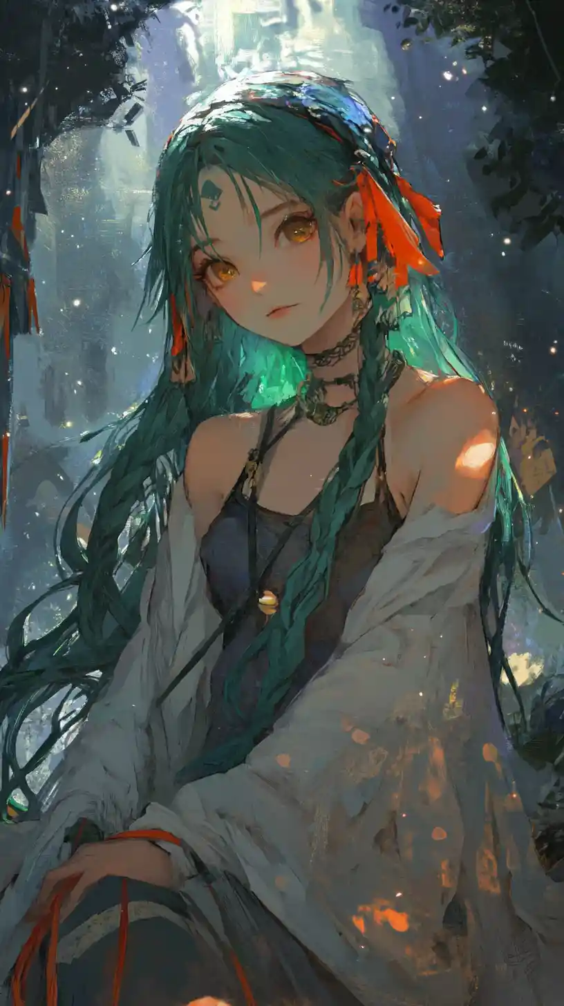 Anime girl in green hoodie with wolf themed accessories