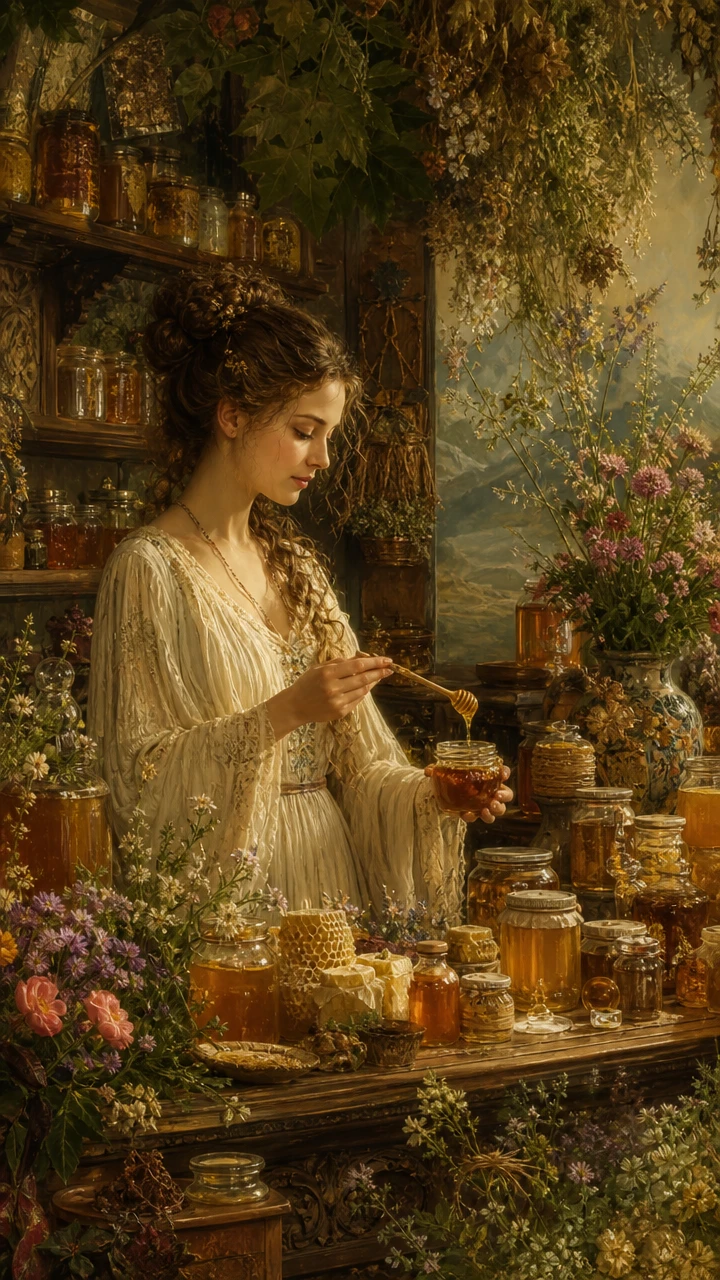 Cozy honey shop with a woman behind the counter