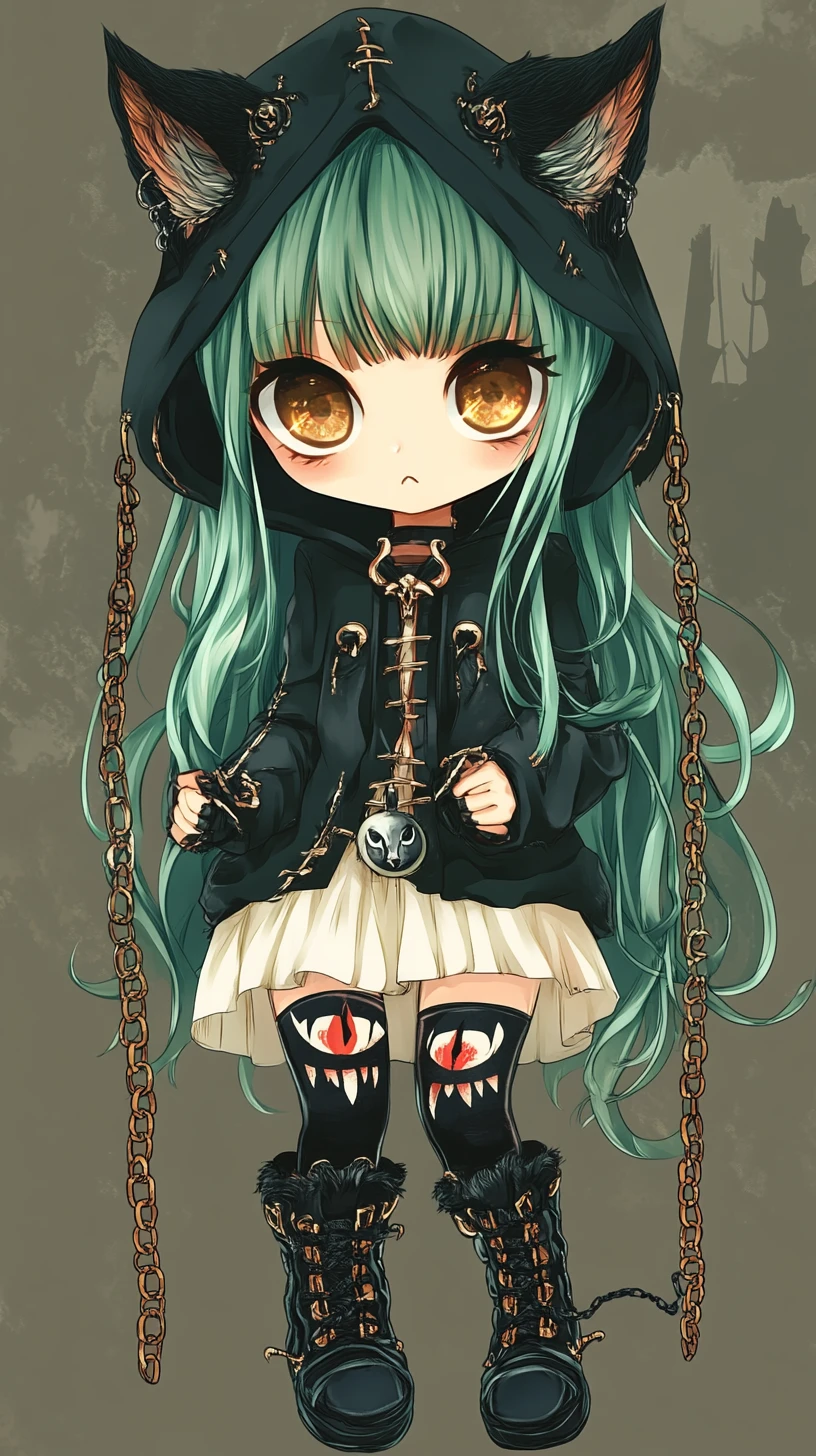 Chibi anime girl in green outfit with fang pendant