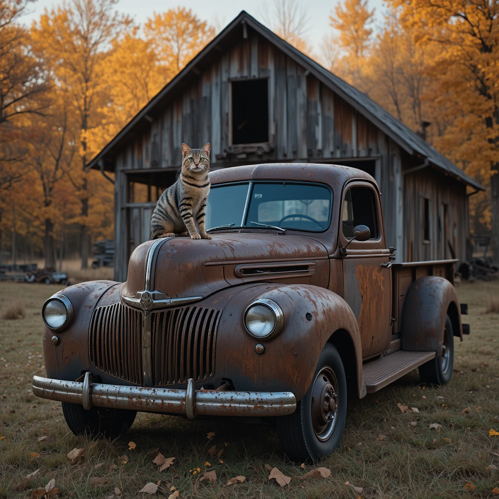 Tabby cat on rusty vintage pickup by an old wooden barn
