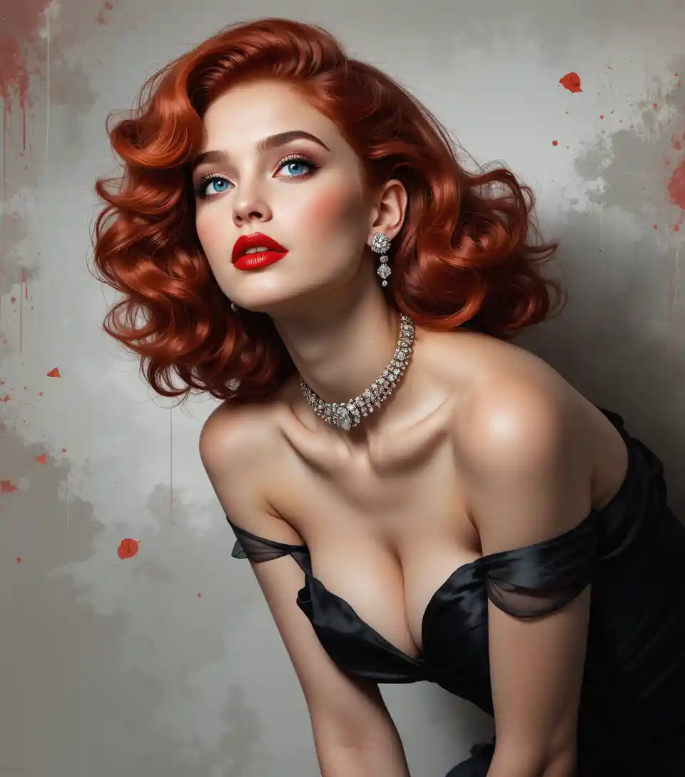 Glamorous red haired woman in vintage Hollywood style portrait
