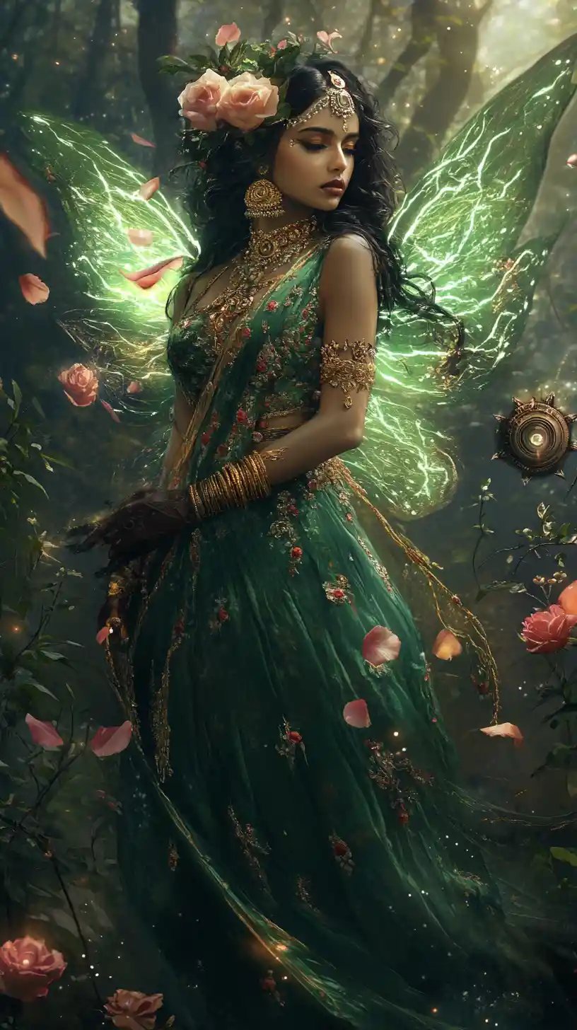 Emerald fairy queen with roses in a moody forest