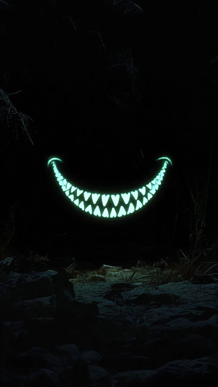 Floating fluorescent grin in a dark empty void