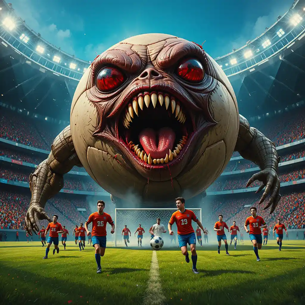 Pallone da football mostruoso e demoniaco che fluttua sopra uno stadio gremito