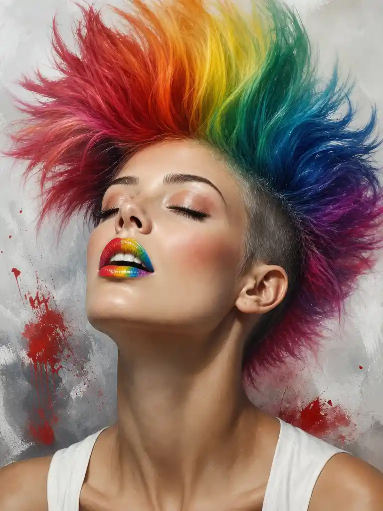 Woman with rainbow mohawk in close up digital portrait
