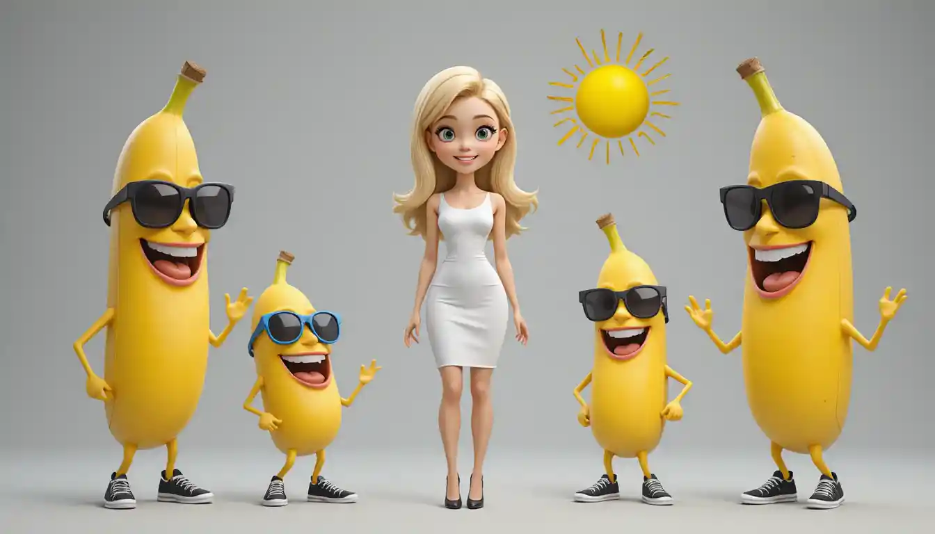 Playful girl with cartoon bananas in 3D studio scene
