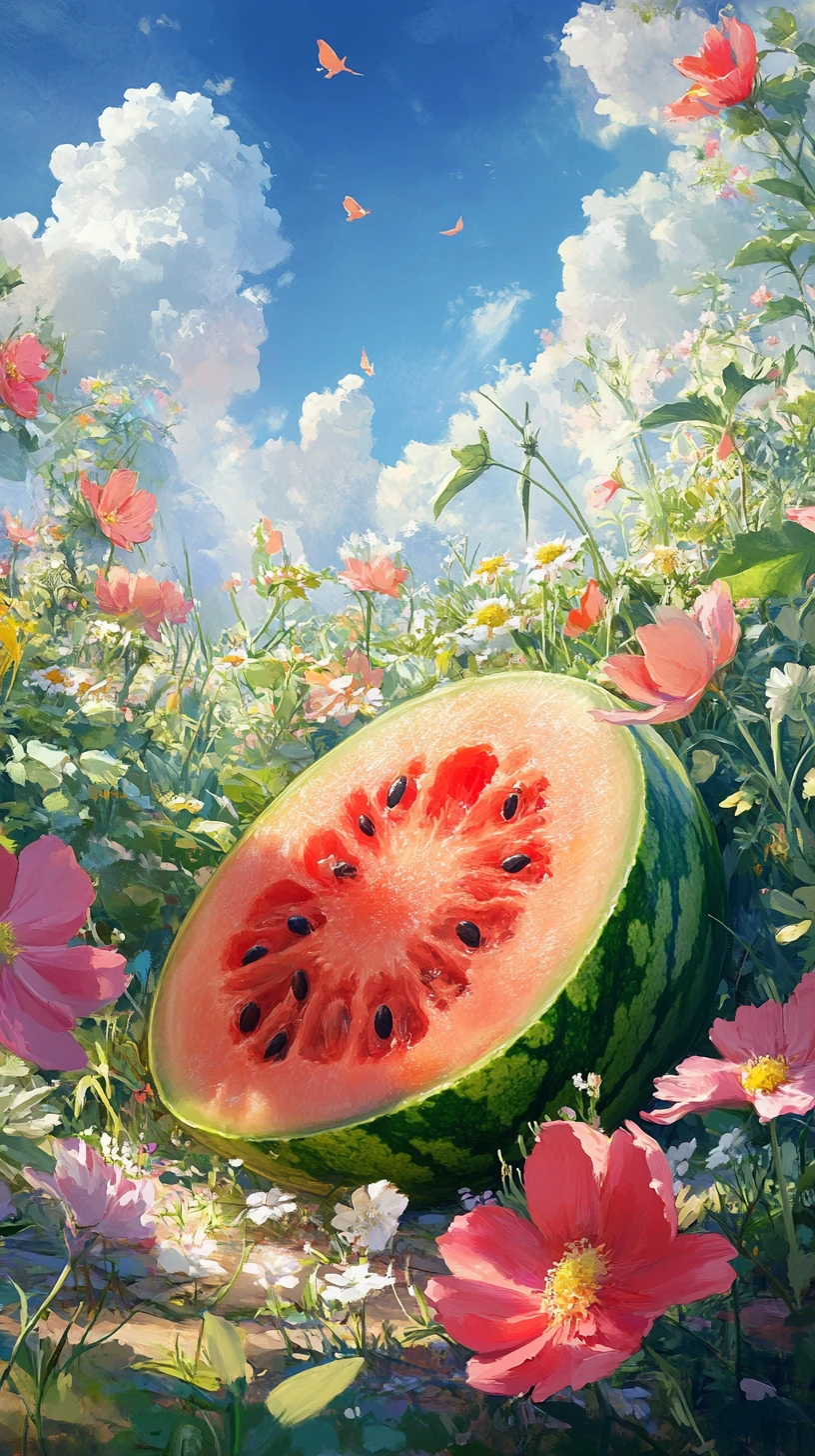 夏の花畑を巡る陽気なスイカキャラクター