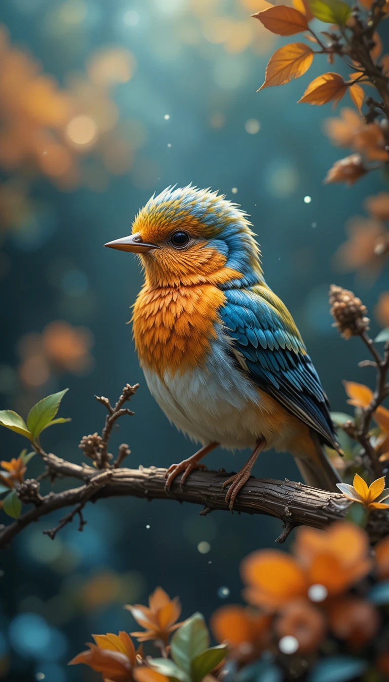 Small forest birds in a vertical storybook style scene