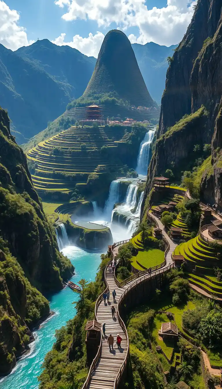 Terraced Mountain Pagoda Above Turquoise Waterfalls