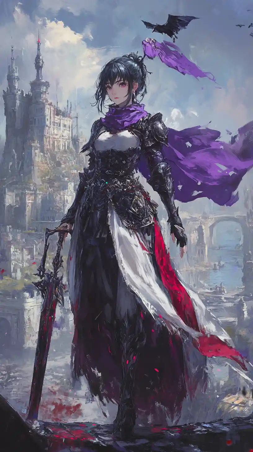 Anime girl with halberd crossing bridge to ruined fantasy castle