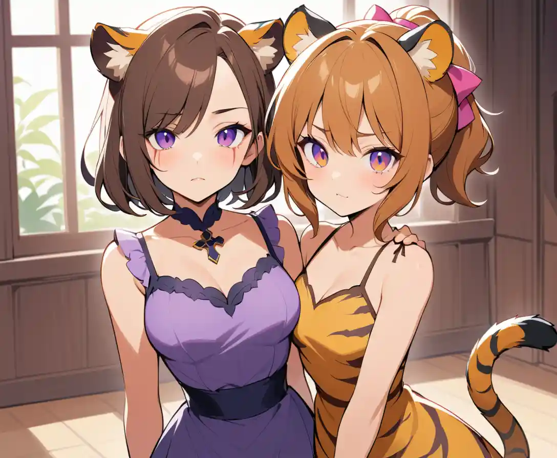 Tiger eared woman with violet eyes and floral dress