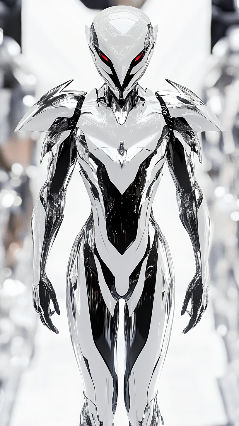Anime arbiter woman in reflective mirrored fashion outfit