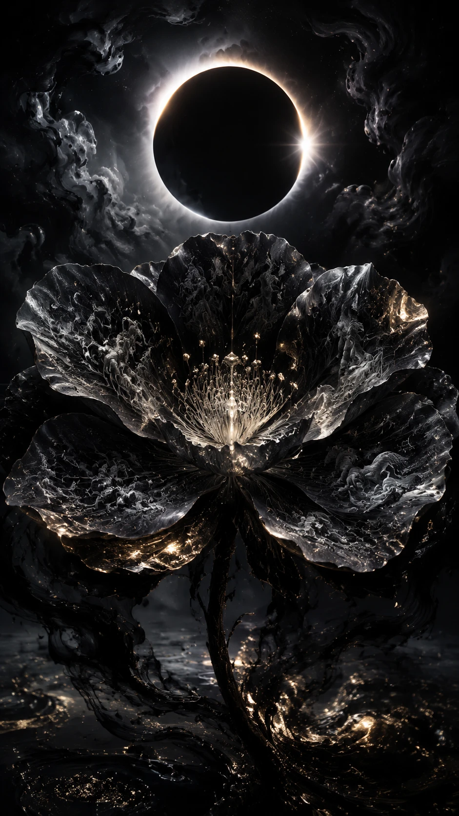 Gigantic black flower under a total solar eclipse