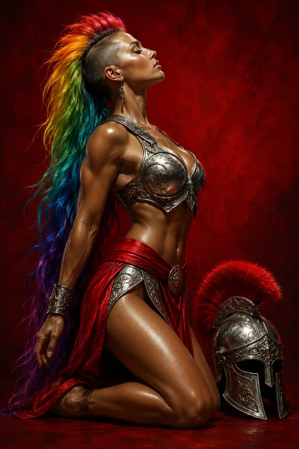 Kneeling female warrior in profile on red backdrop