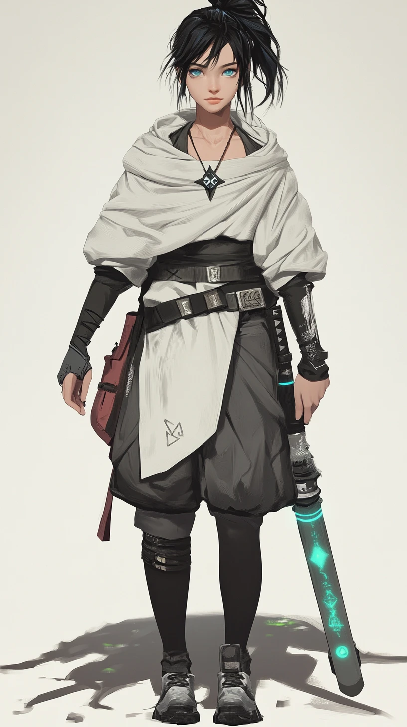Anime girl with star amulet in a futuristic gray tunic