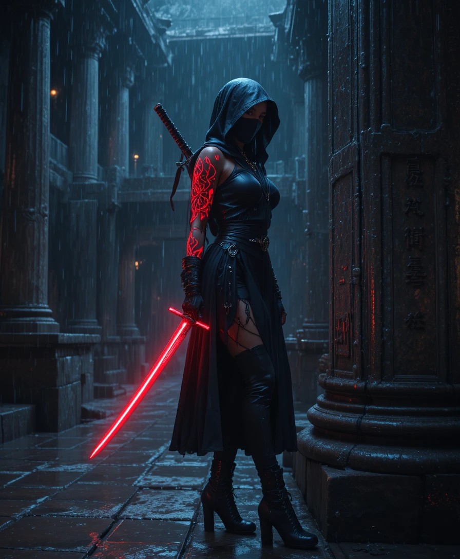 Female ninja in rain soaked ancient temple with red glow