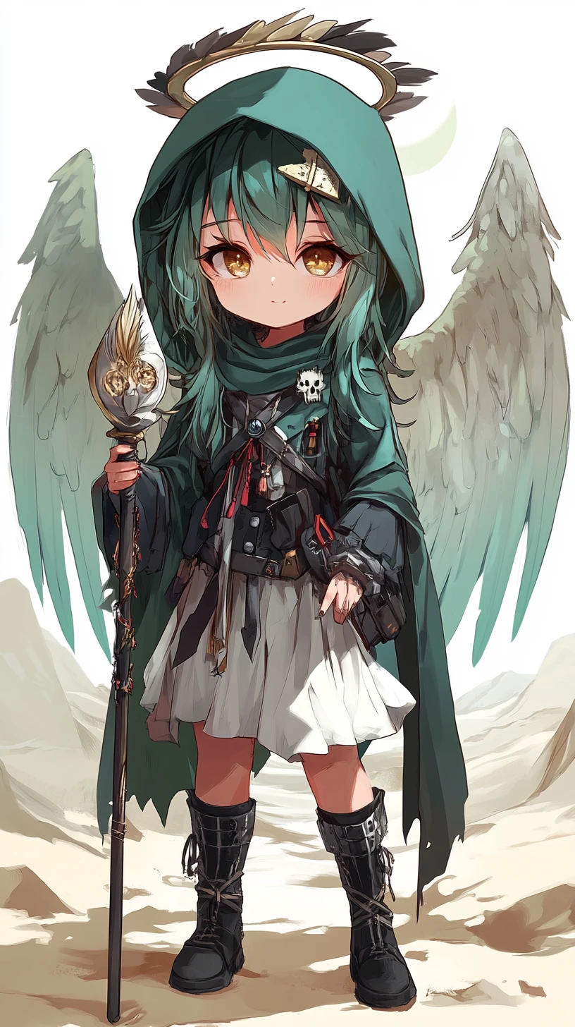 Chibi angel girl with spear before desert castle