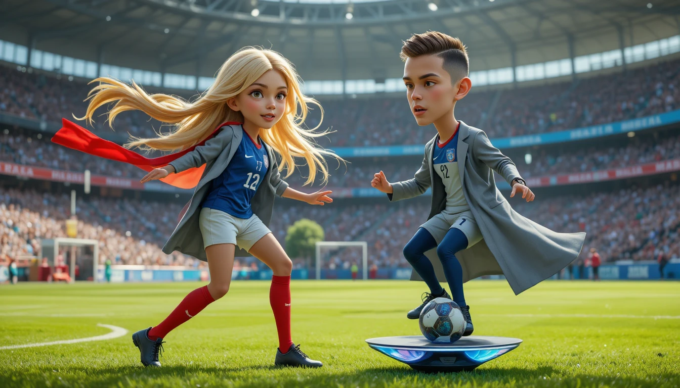 Soccer star and anime woman sharing a surreal stadium moment
