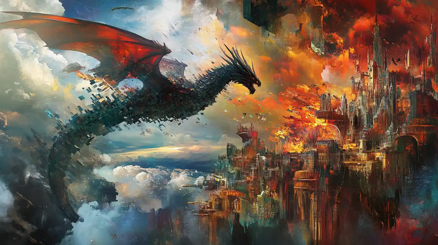 Maestoso drago che vola verso una città surreale e frammentata
