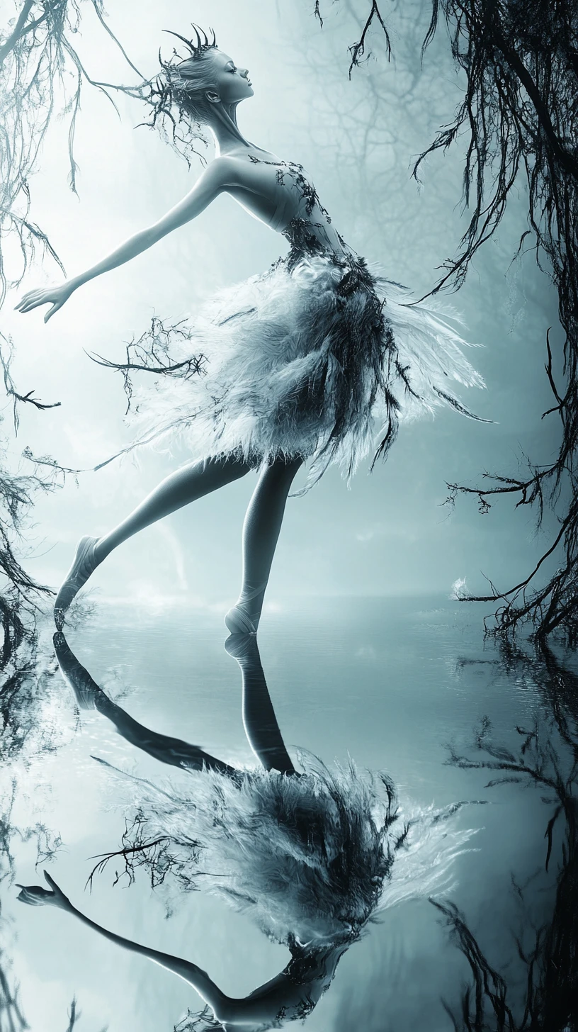 Elegant ballerina figure amid dark feathers and soft mist