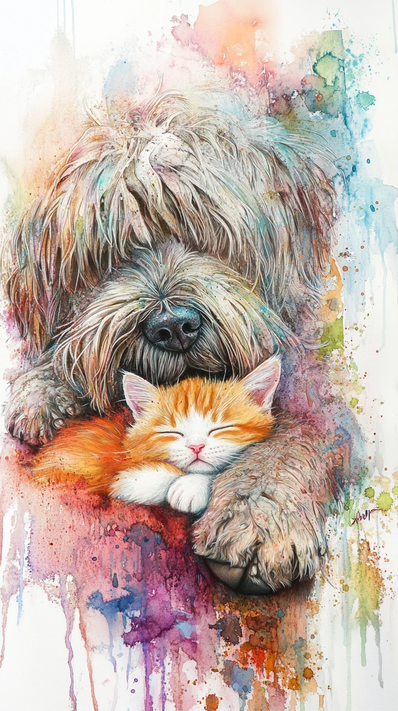 Shaggy Dog Cuddling A Sleeping Kitten In Watercolor