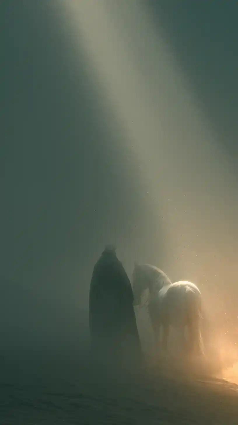 Muslim knight with white horse in foggy cinematic light