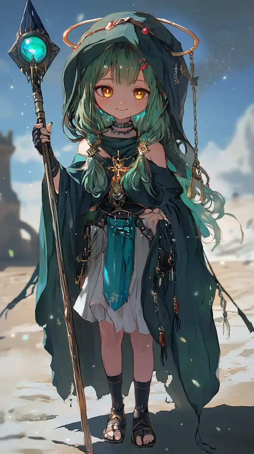 Chibi angel girl with spear in a desert castle scene