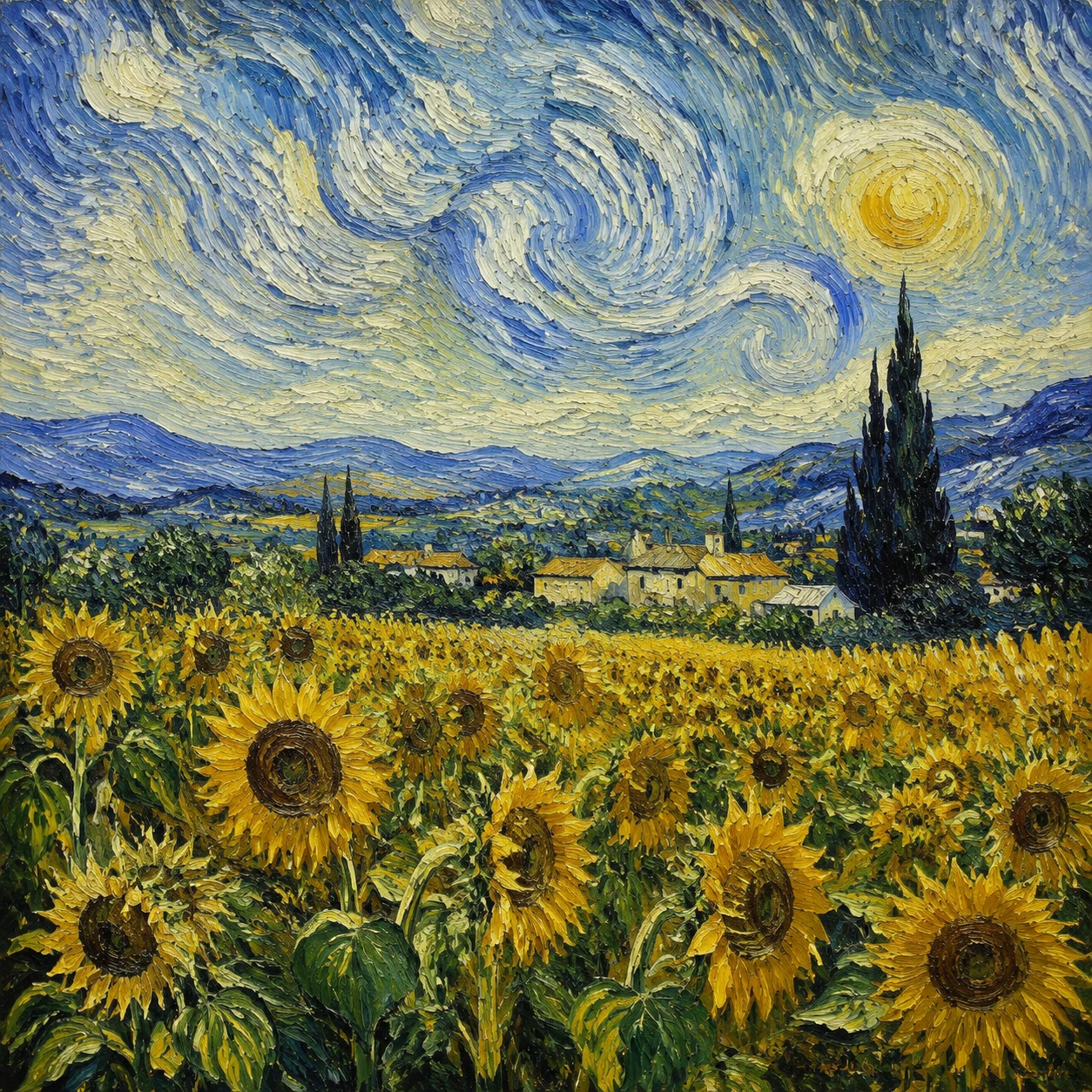 Pintura al óleo de girasoles en un sereno paisaje campestre