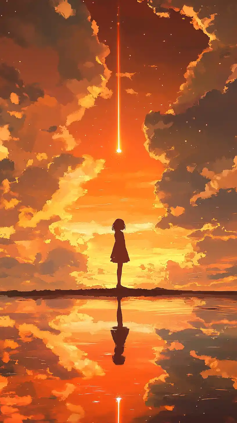 Ragazza anime al tramonto sul mare calmo e riflettente
