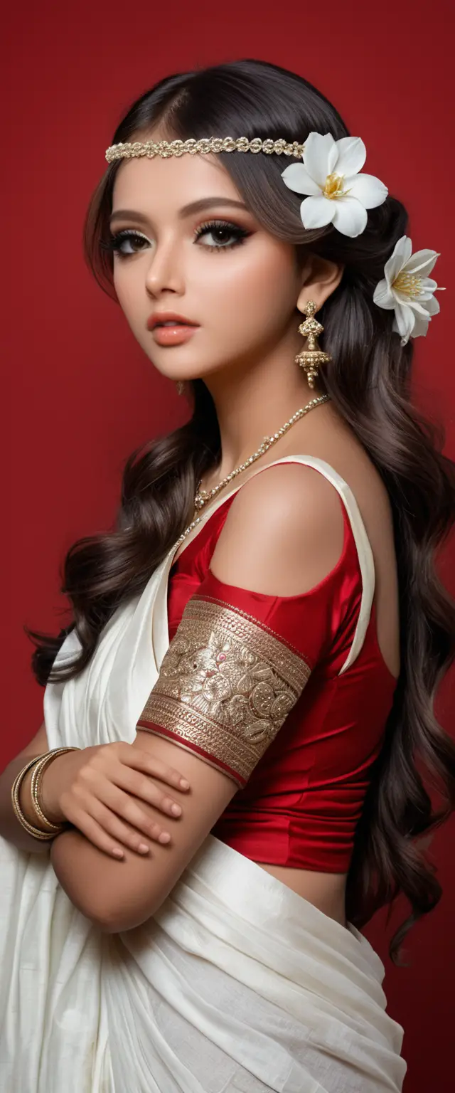 Young woman in white saree over blurred music playlist
