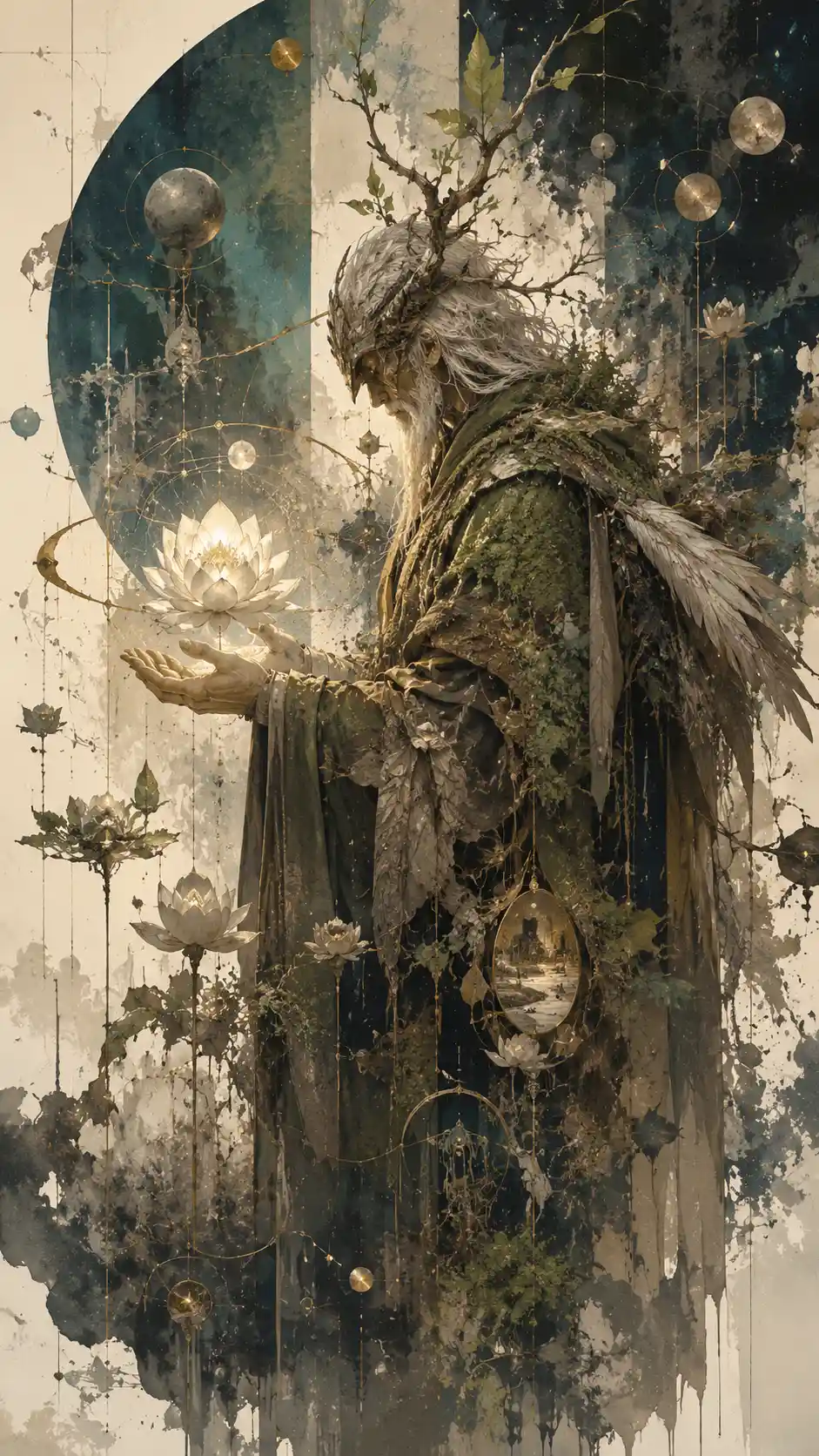 Mysterious guardian tending glowing flowers of forgotten memories