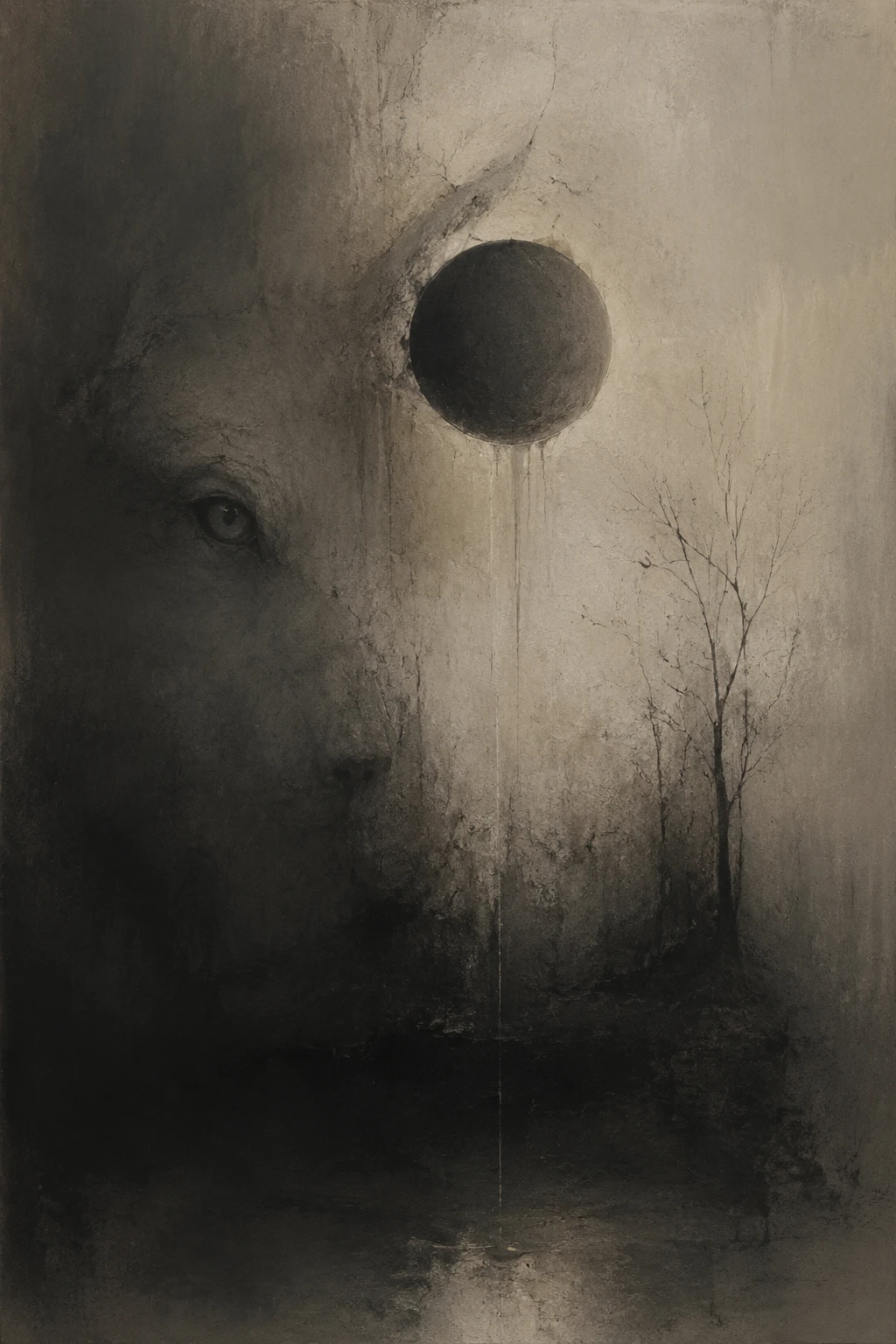 Minimal abstract art with faint animal form and eye motif