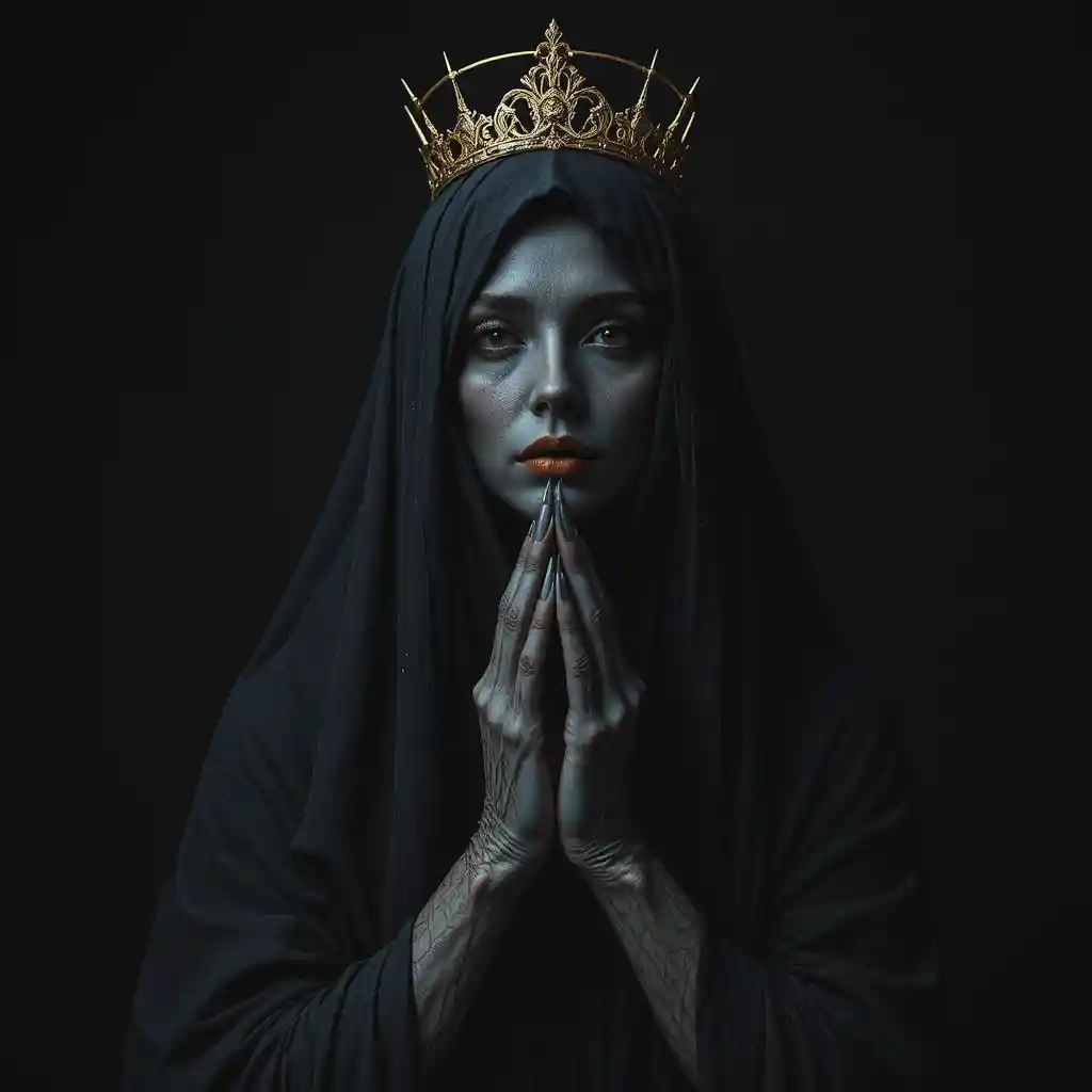 Veiled faceless woman with golden crown and claws