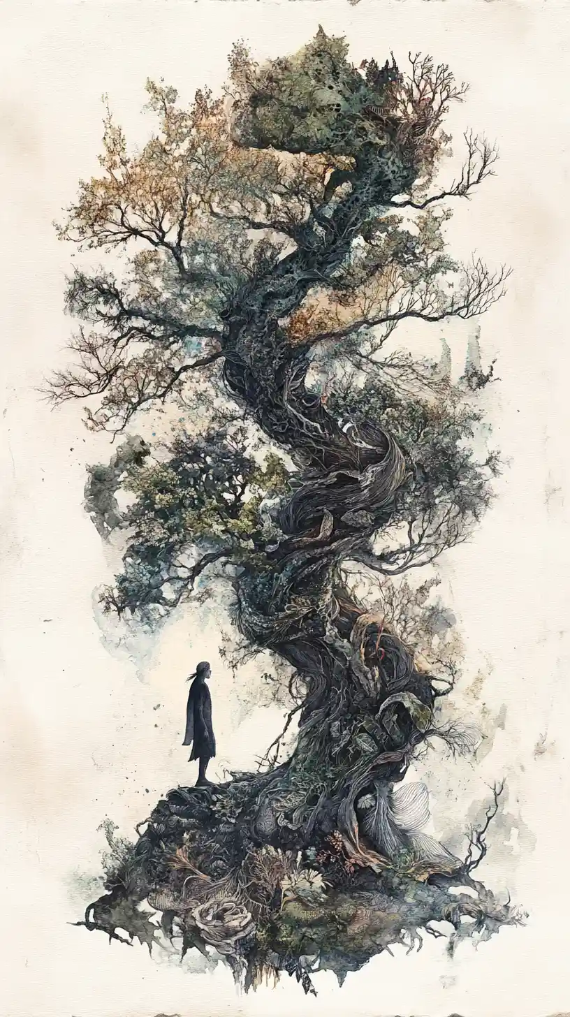 Elf Before An Ancient Tree In A Dreamlike World