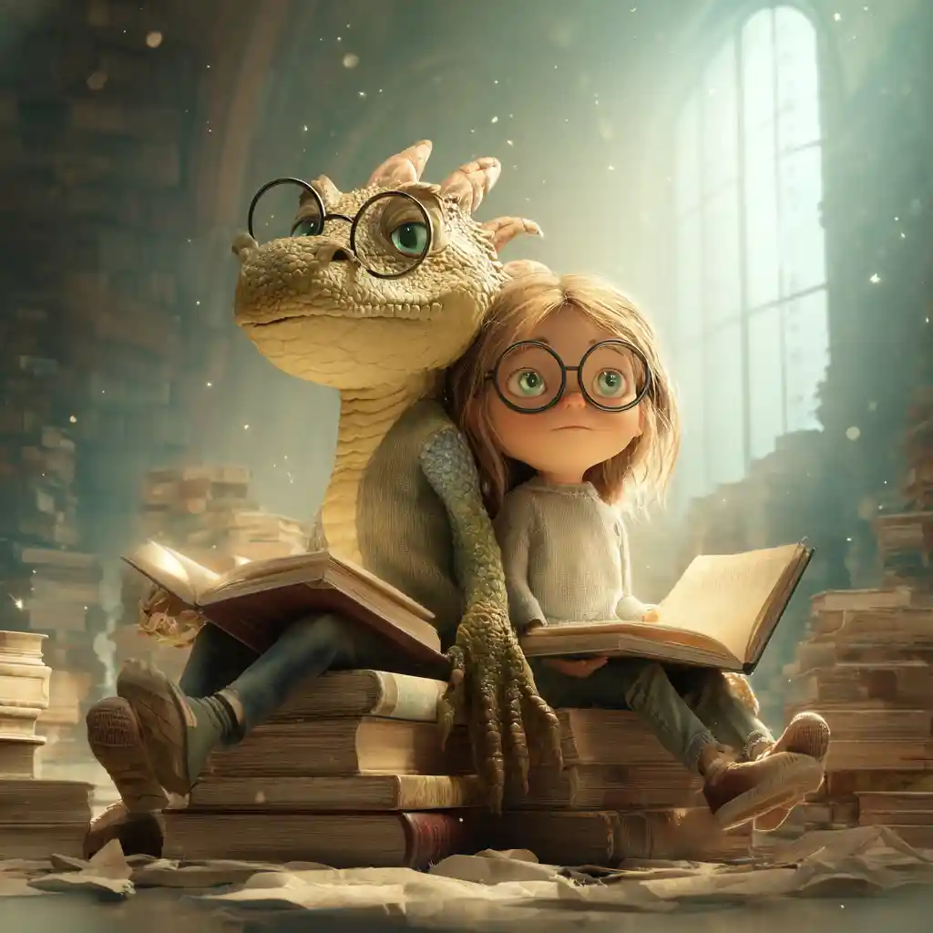 Girl And Young Dragon Reading On Giant Storybooks