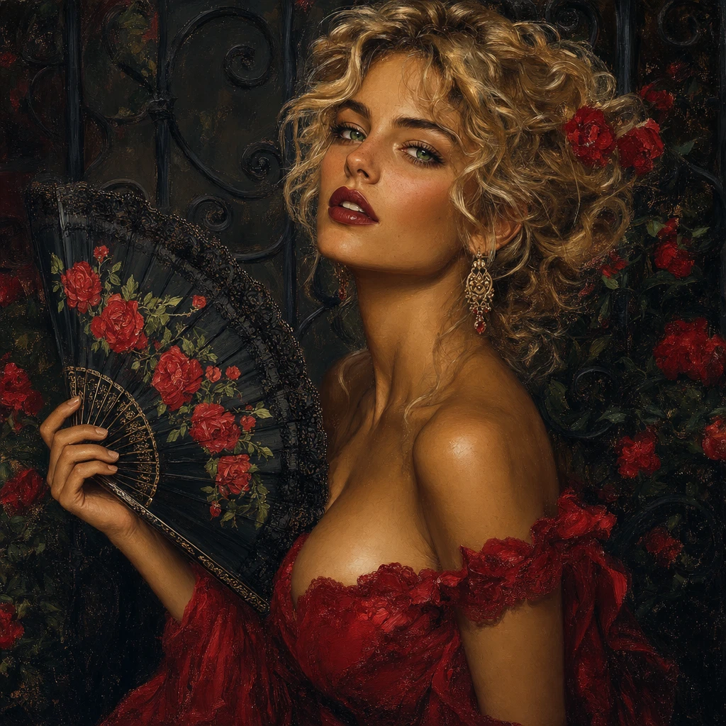 Elegant woman in red dress with lace fan