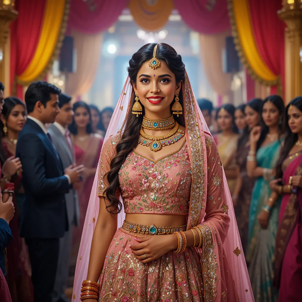 Indian bride entering a colorful wedding venue smiling