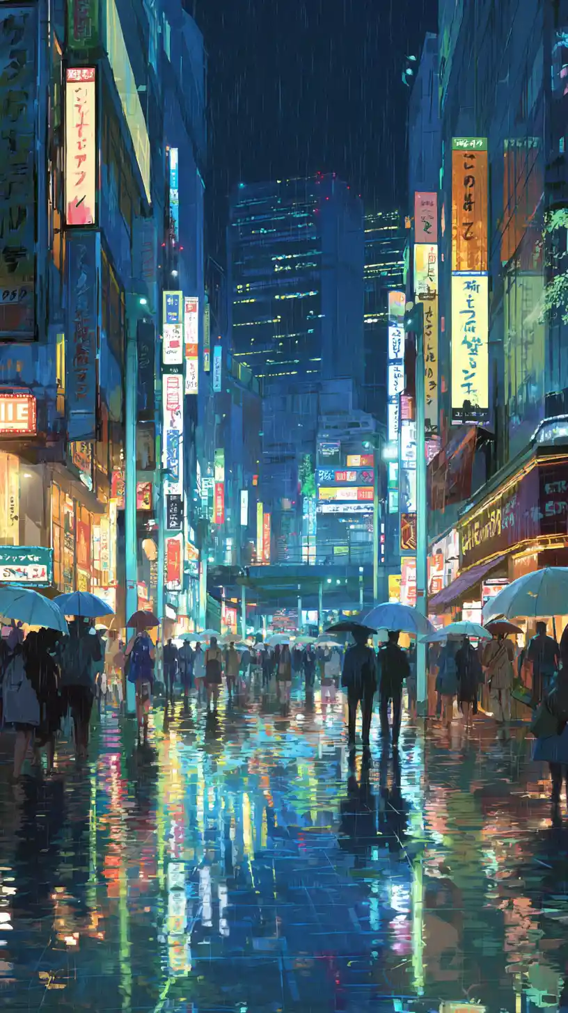 Rainy night cityscape from an anime view of Tokyo