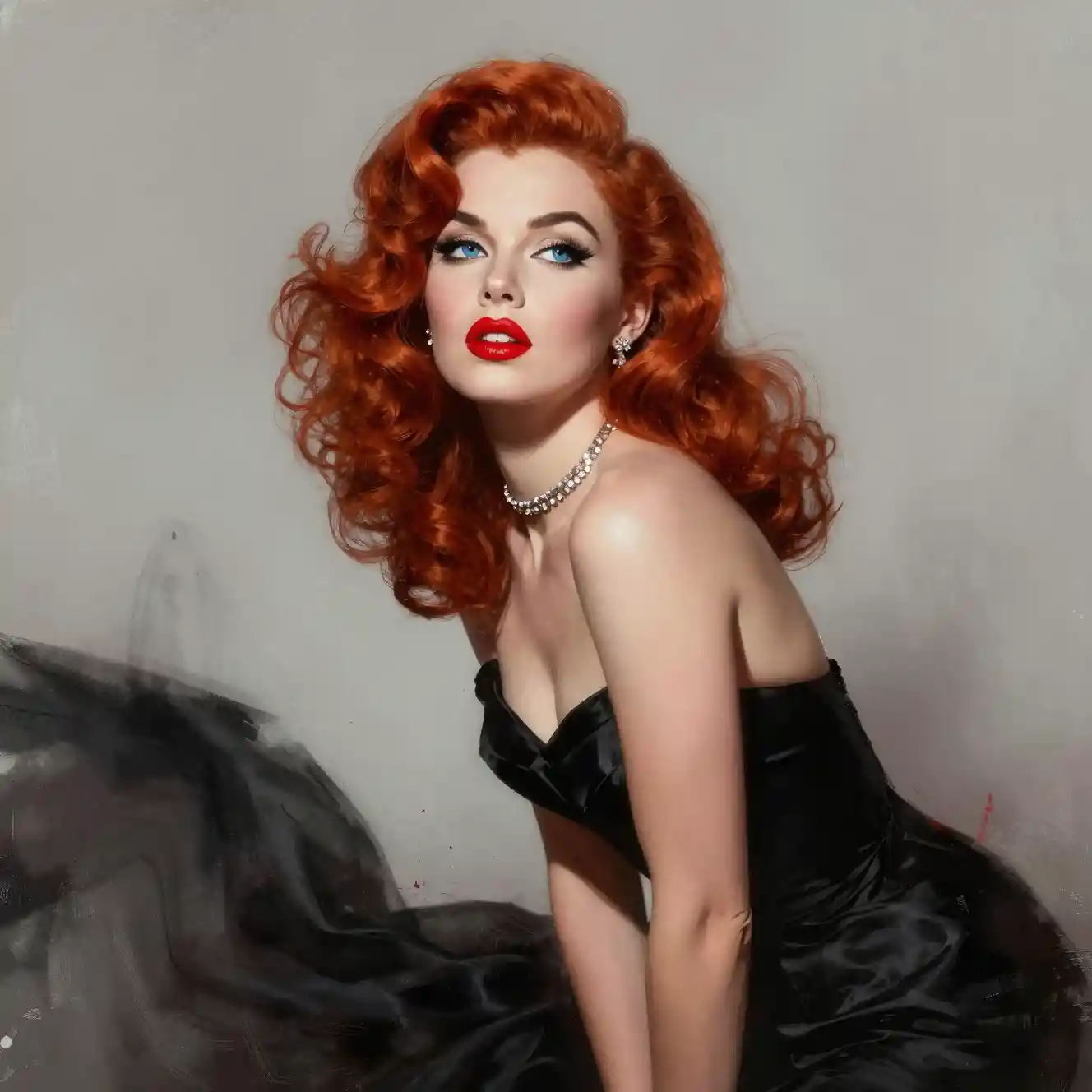Glamorous red haired woman in vintage hollywood style portrait