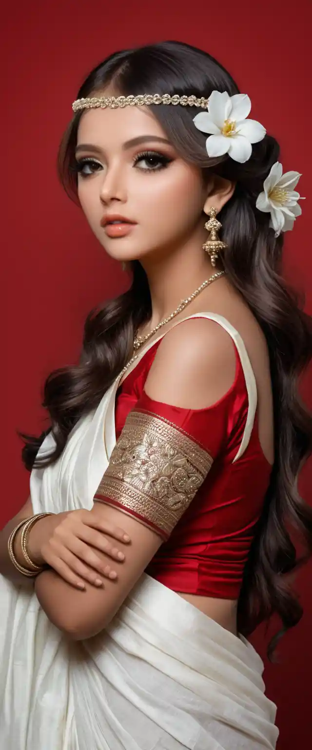 Young woman in white saree over blurred music playlist