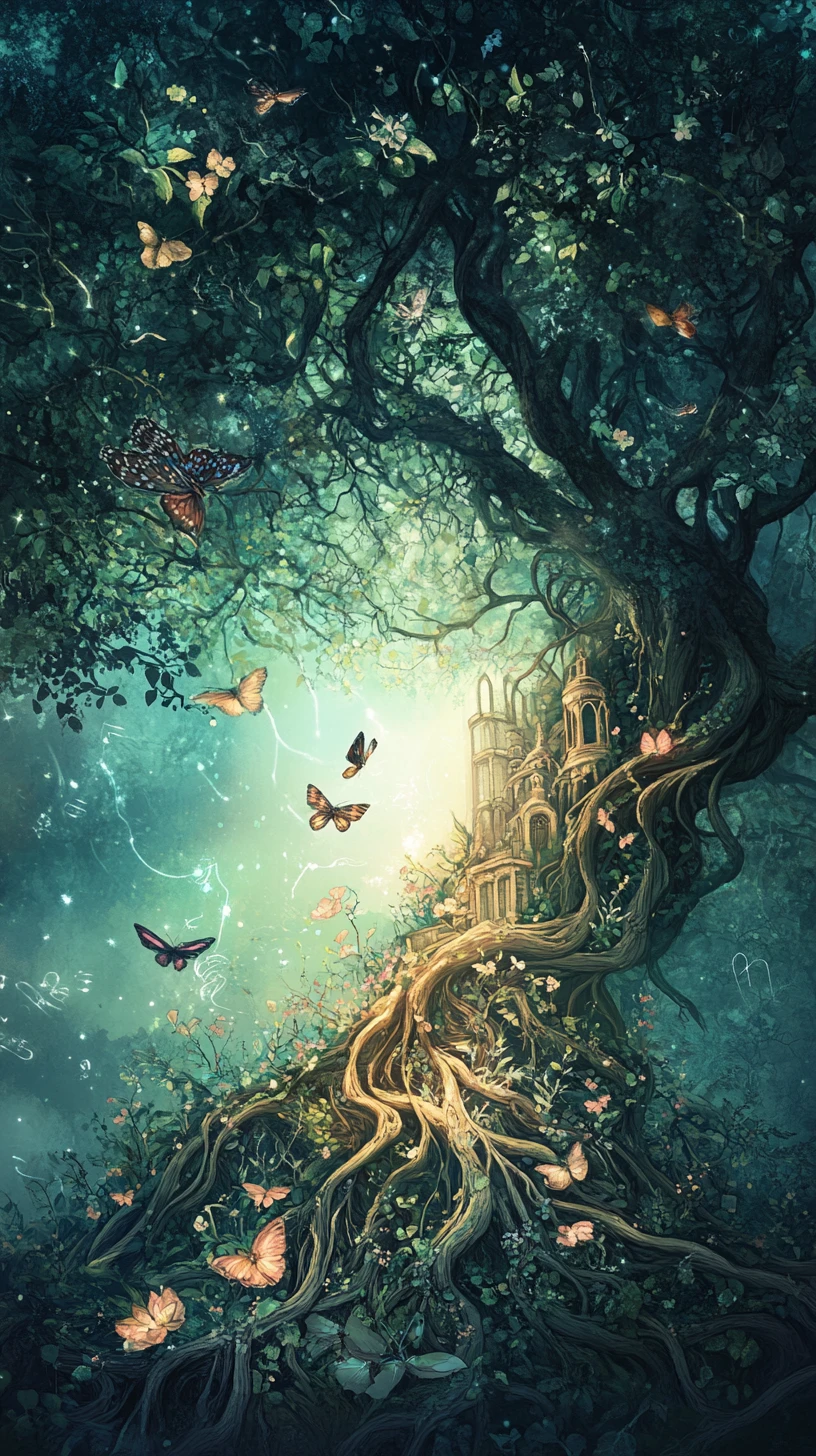 Ancient roots weaving into musical forms beneath enchanted trees