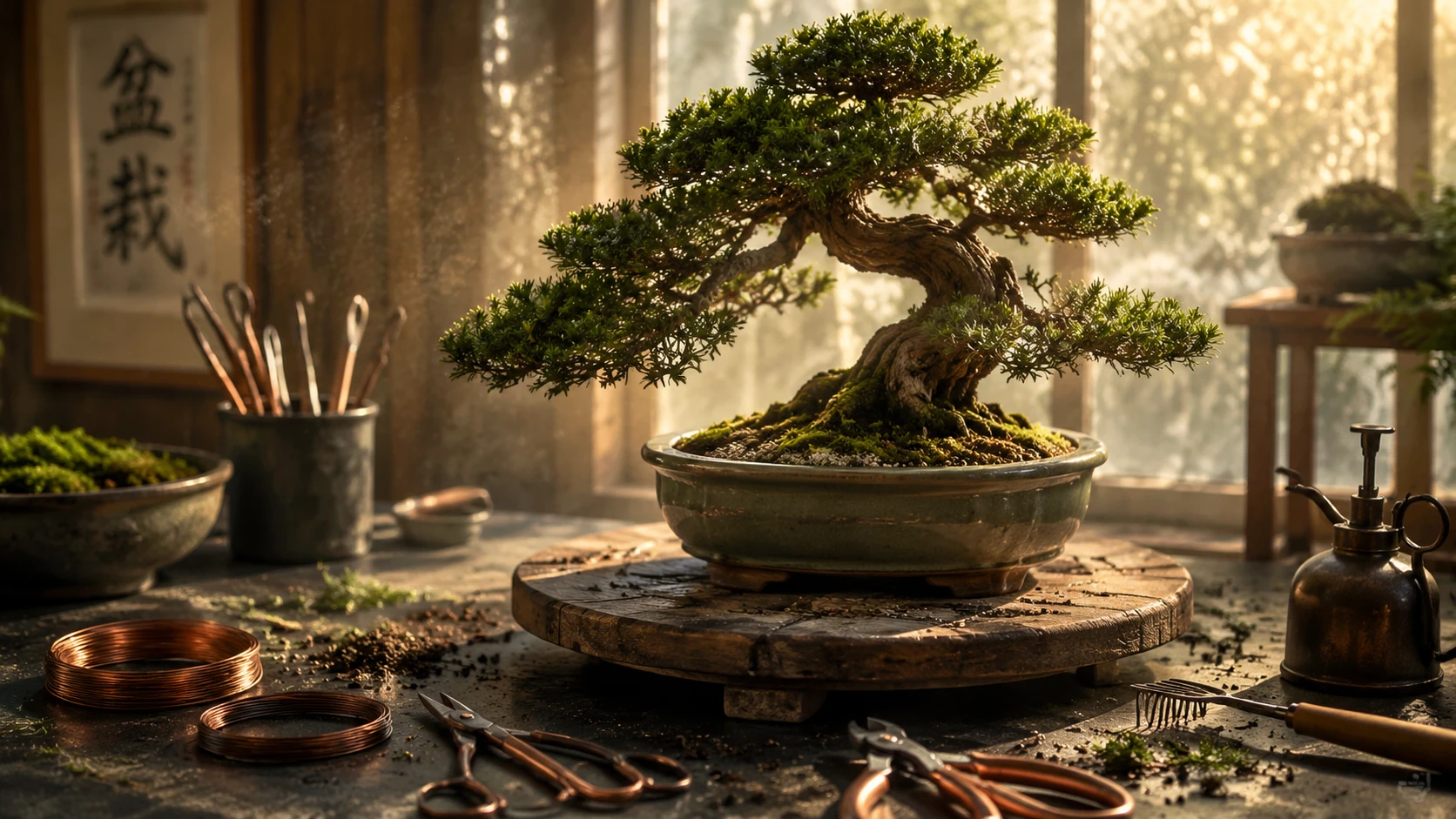 Serena scena di cura del bonsai alla calda luce del sole