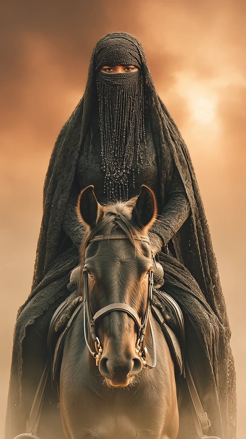Bedouin woman on horseback in cinematic desert portrait