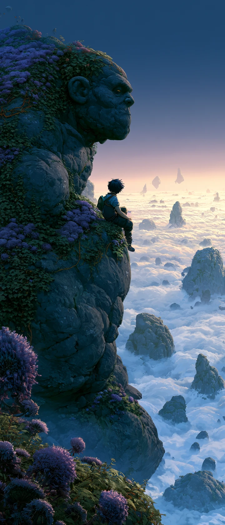 Ancient stone golem and child above a misty fantasy sea