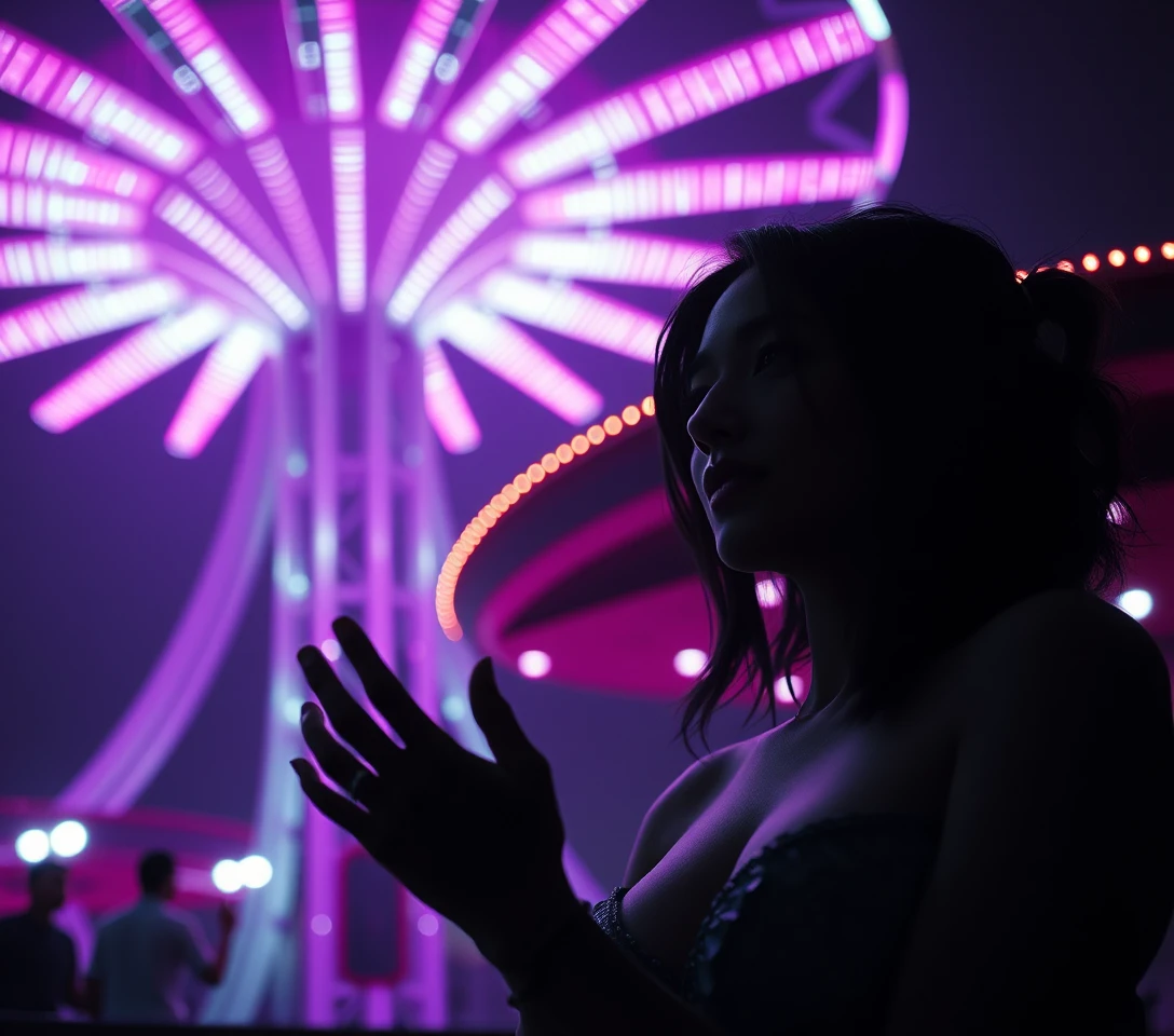 Sensual angelic woman in surreal night entertainment scene