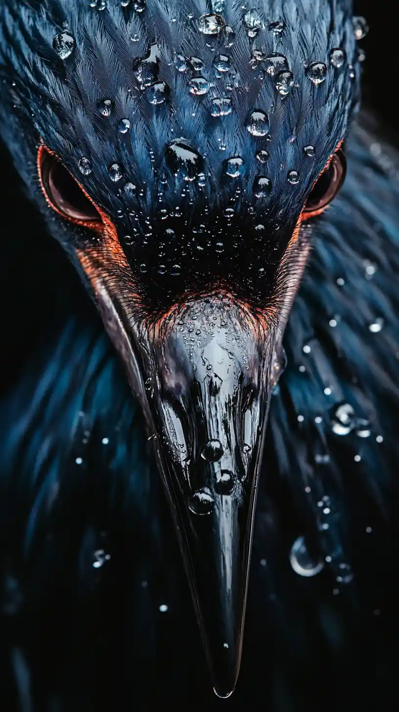 Macro bird portrait with rain droplets on feathers