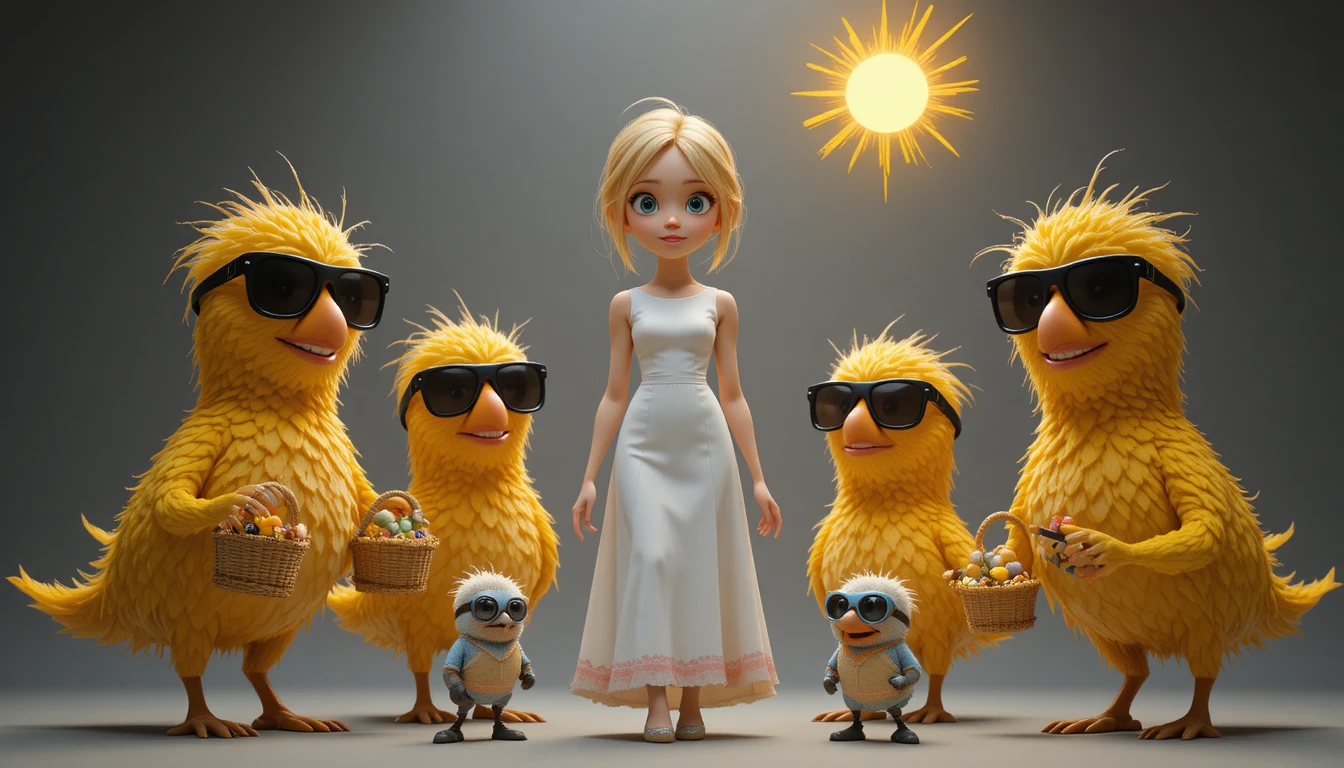 Blonde girl with smiling cartoon bananas in 3D studio