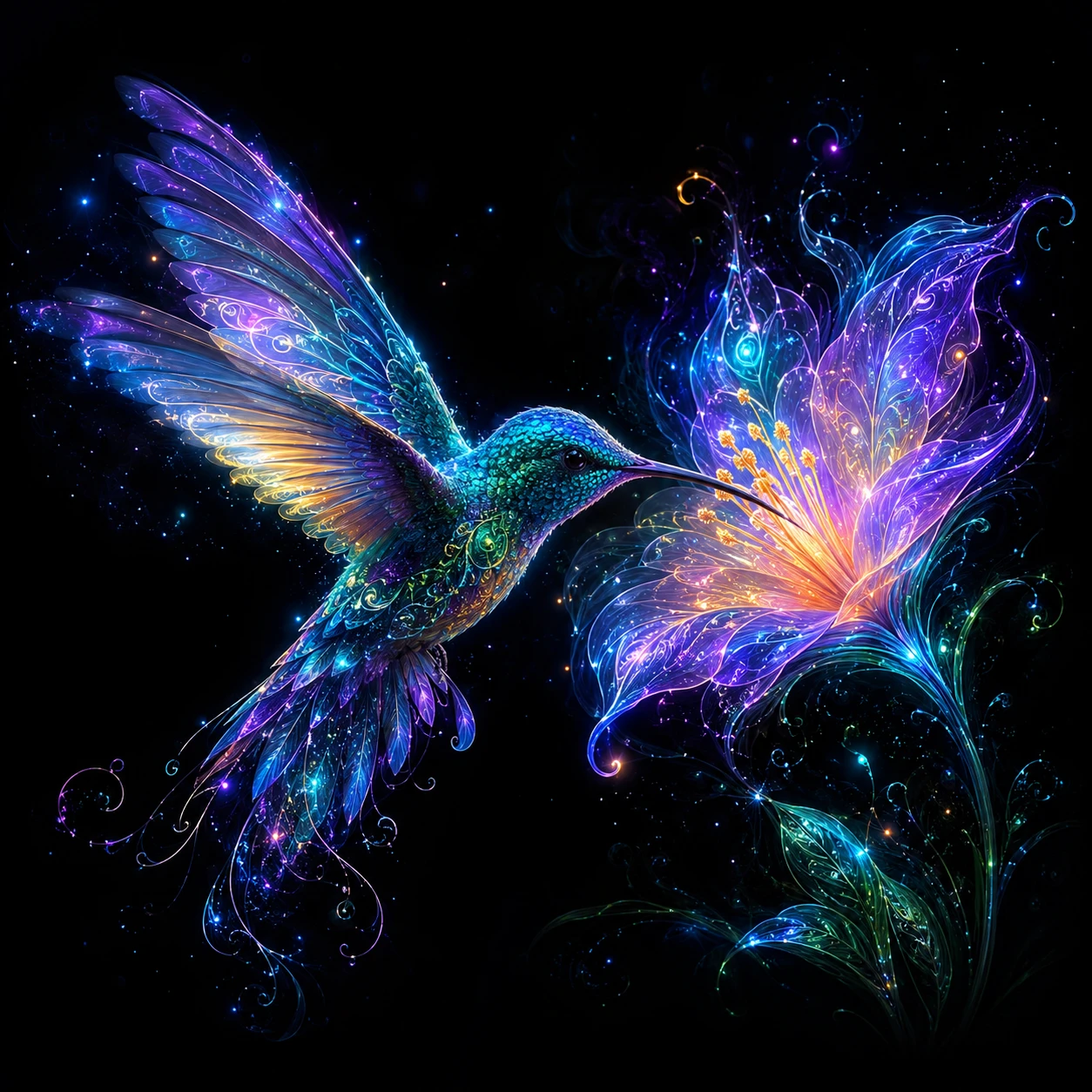 Magical bioluminescent hummingbird with glowing flower on black